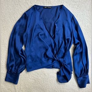 💕Zara💕 Blue Satin feel wrap top Size Medium